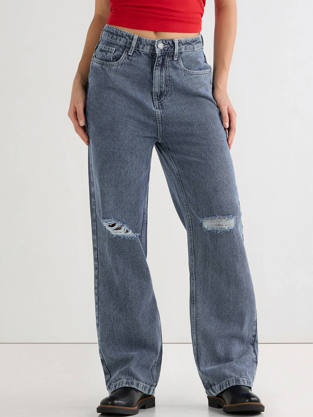 Womens Blue Baggy Straight Fit Distressed Jeans | BG78 - view 2