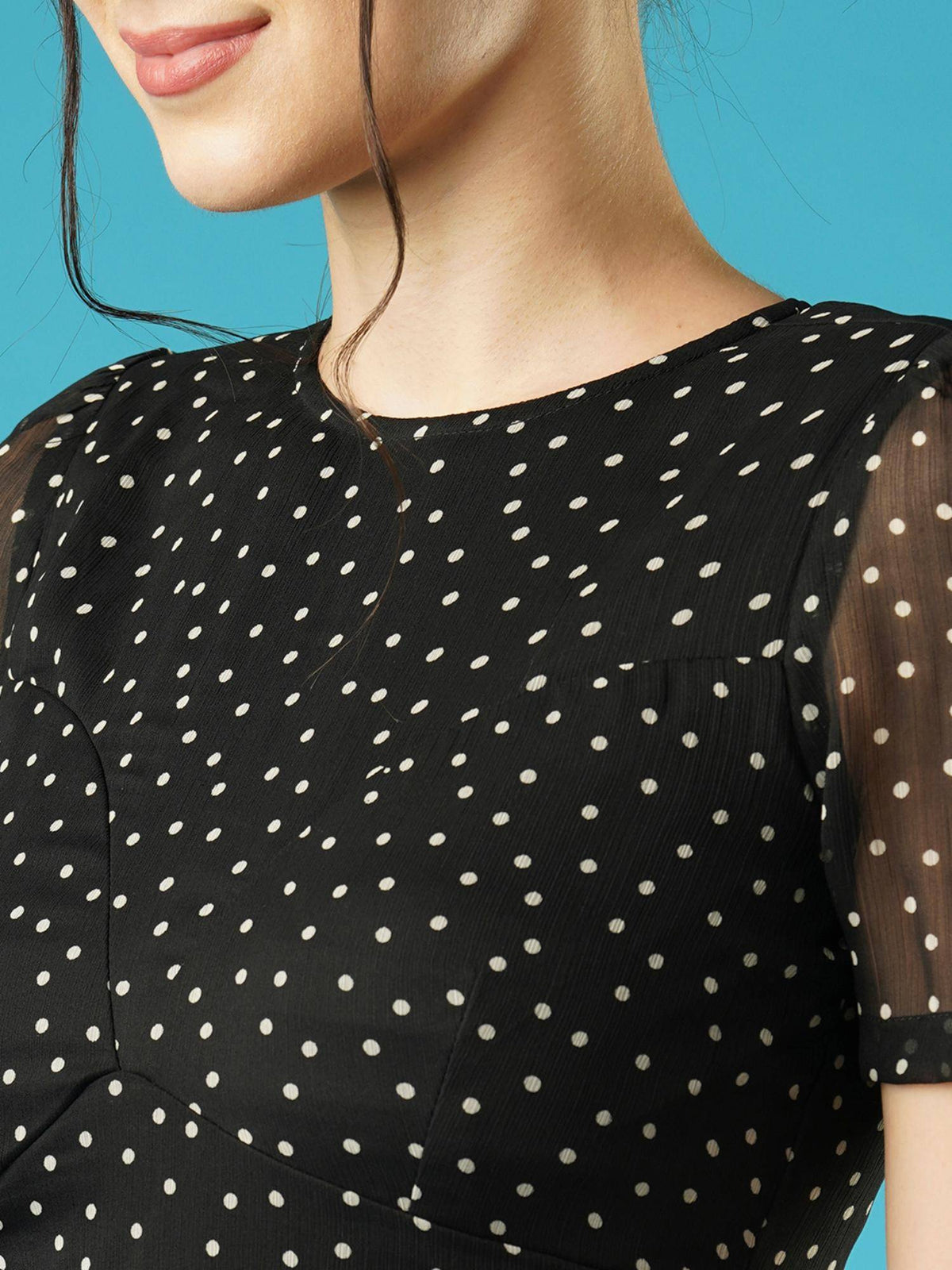 Women Black Polka Dots Round Neck Short Puffed Sleeves Fit & Flare Mini Party Dress | D56 - view 4