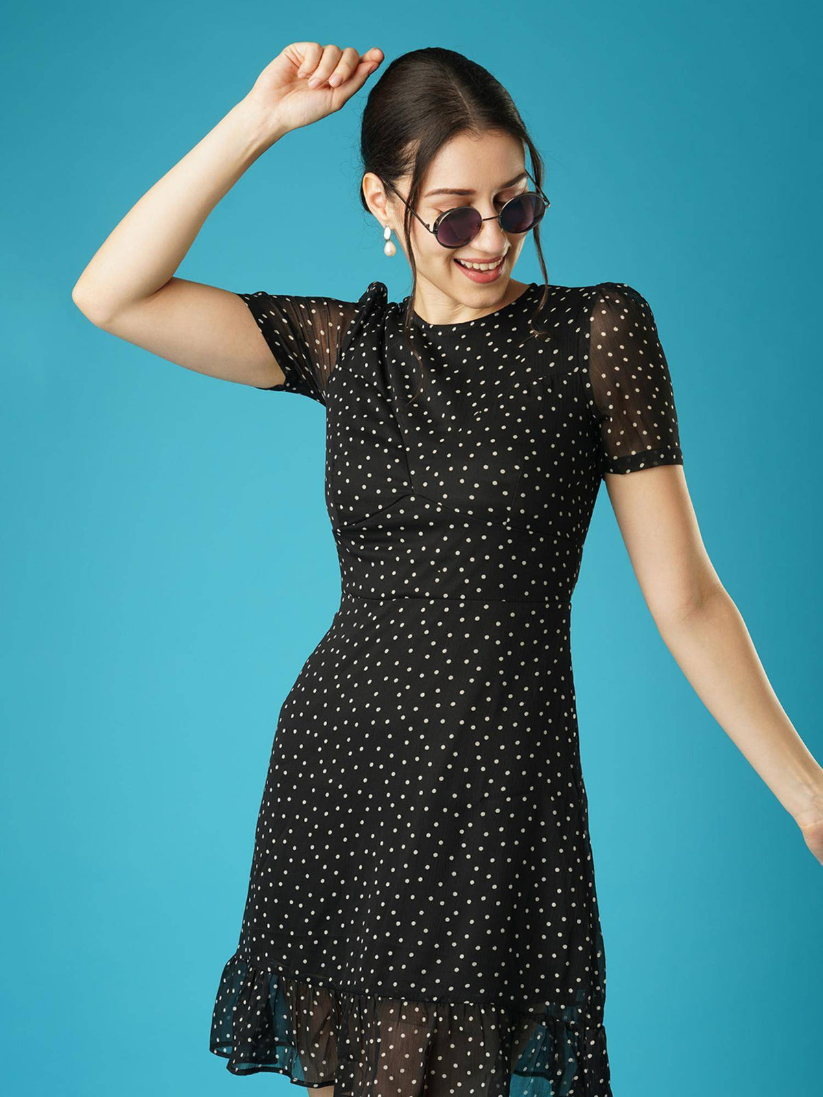 Women Black Polka Dots Round Neck Short Puffed Sleeves Fit & Flare Mini Party Dress | D56 - view 5