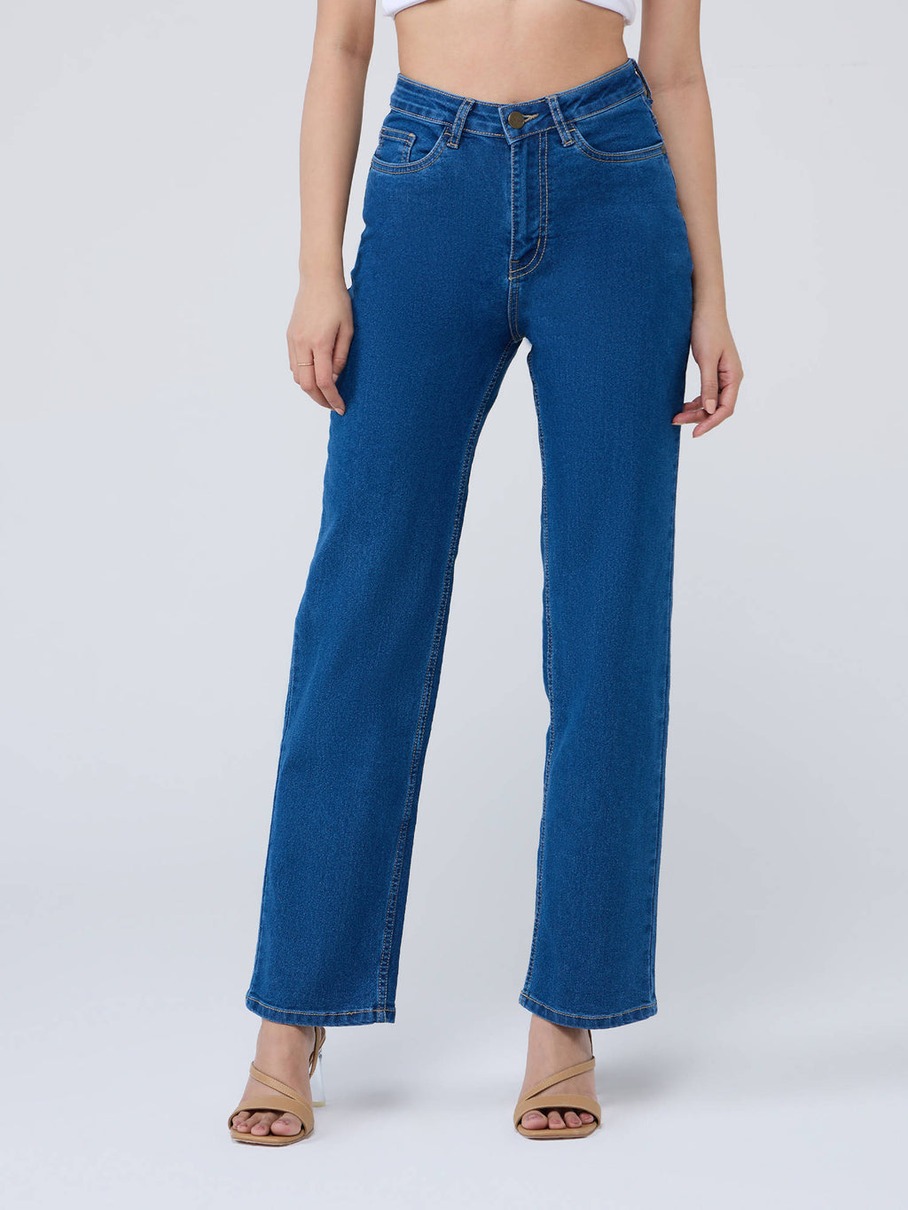 Mid Blue High Waist Straight Fit Denims | ST23 - view 1