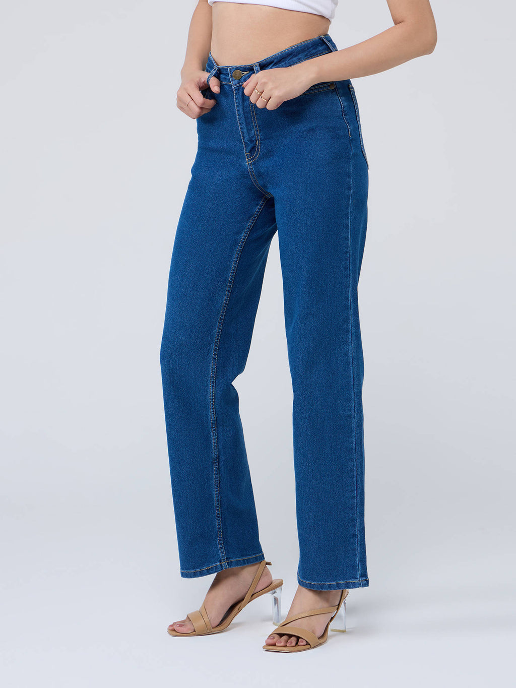 Mid Blue High Waist Straight Fit Denims | ST23 - view 3