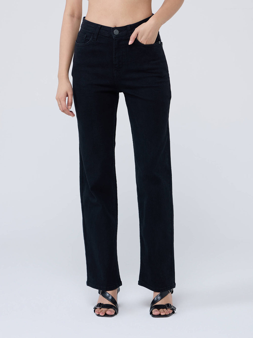 Jet Black High Waist Straight Fit Denims | ST23 - view 1