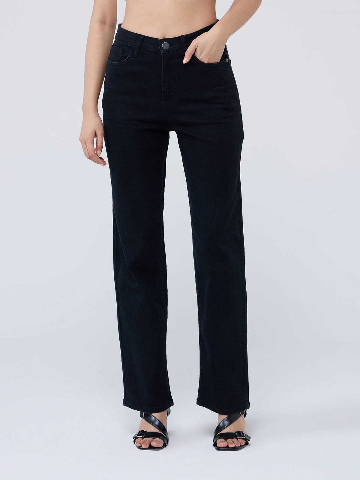 Jet Black High Waist Straight Fit Denims | ST23 - view 1