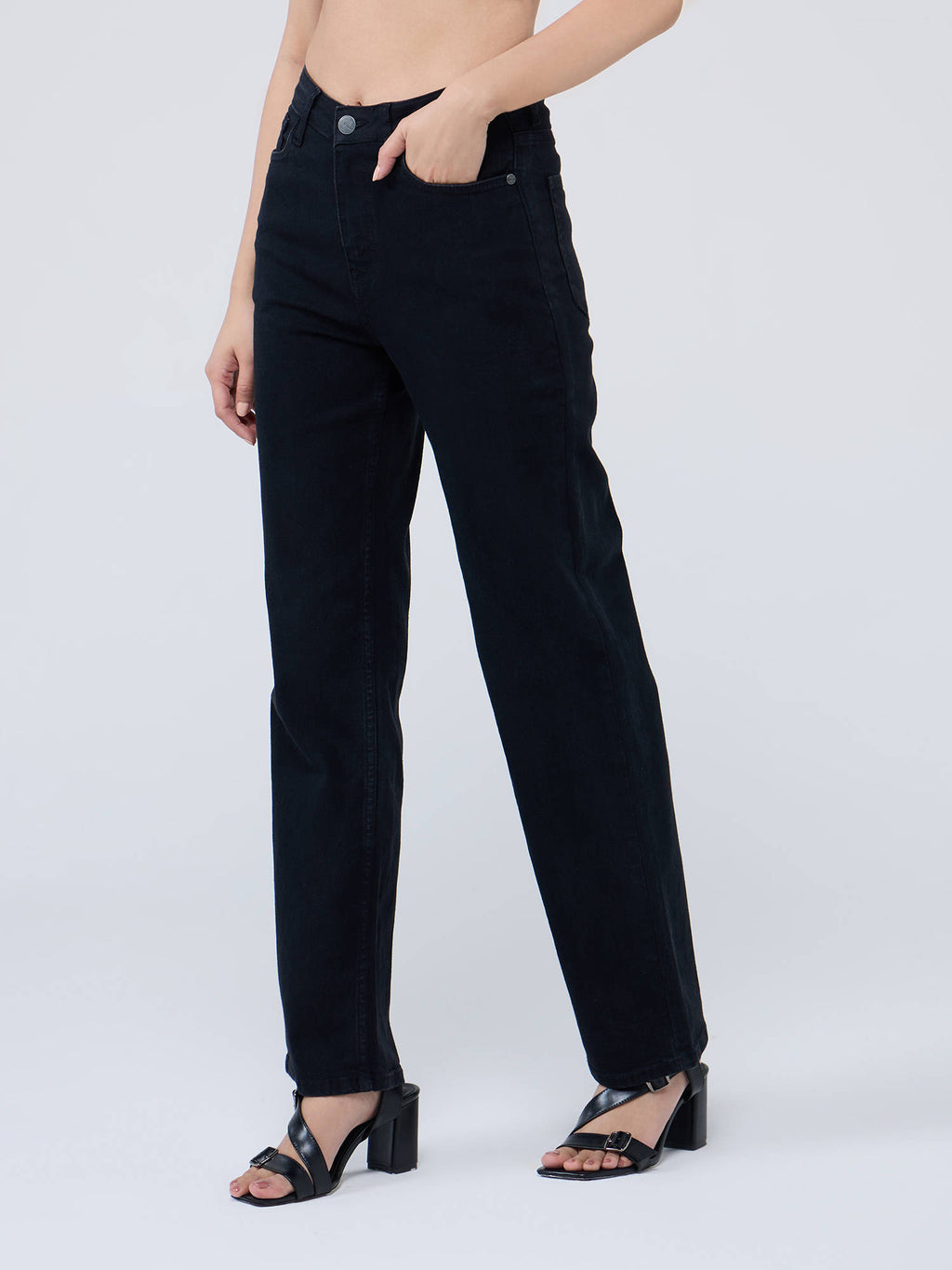 Jet Black High Waist Straight Fit Denims | ST23 - view 3