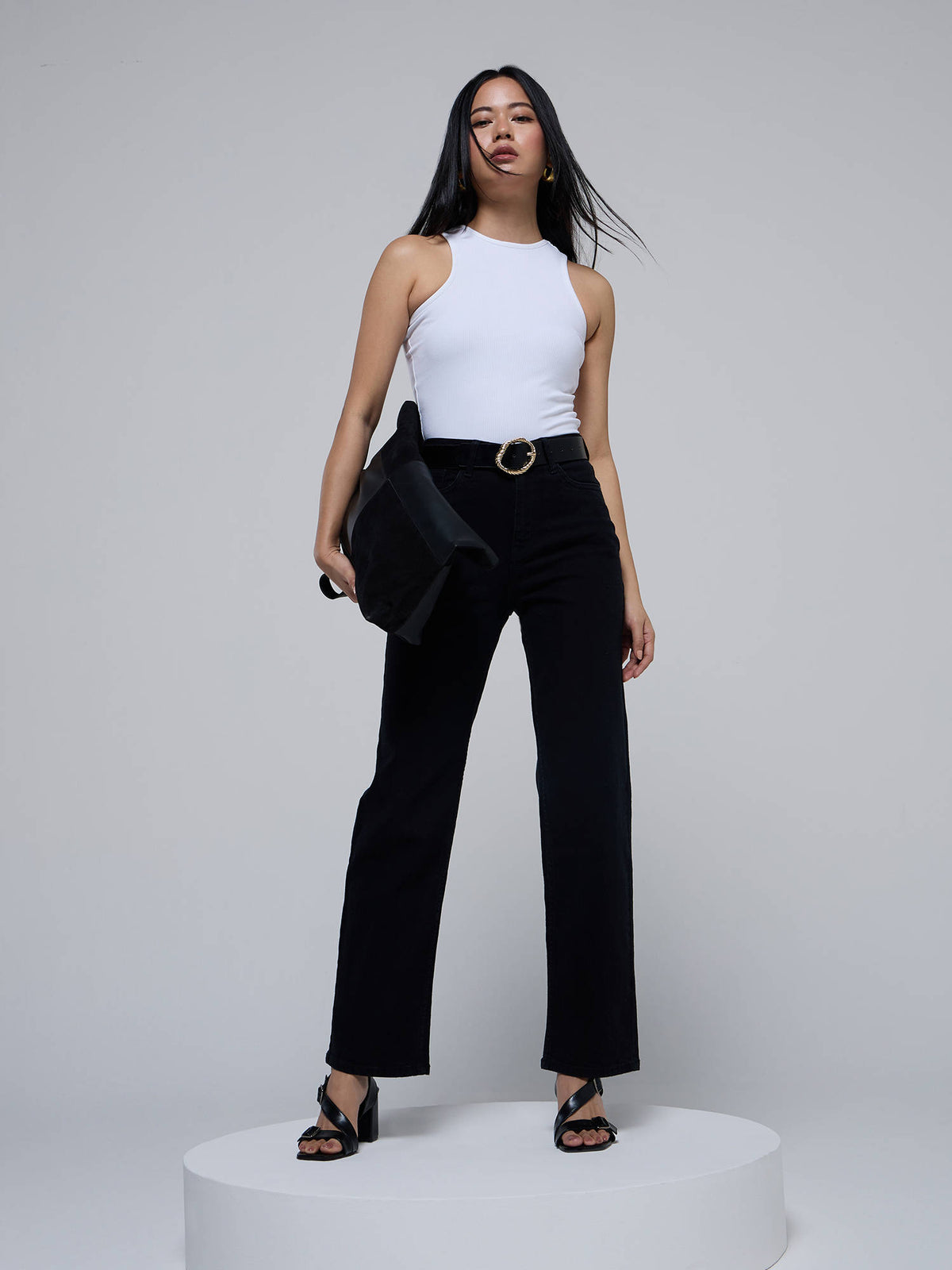 Jet Black High Waist Straight Fit Denims | ST23 - view 4