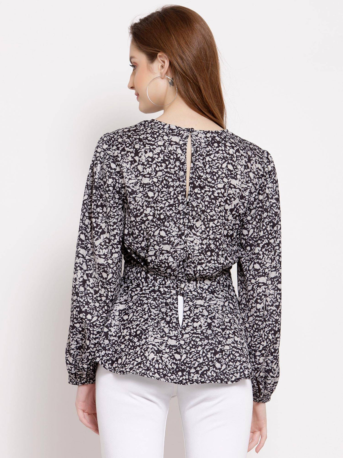 Black Printed Peplum Tie Up Top | pt51 - view 2