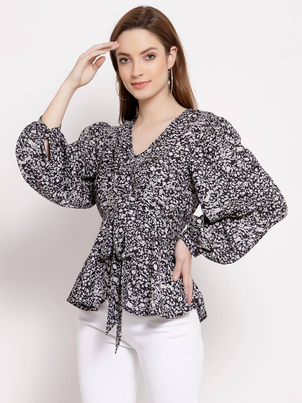 Black Printed Peplum Tie Up Top | pt51 - view 3