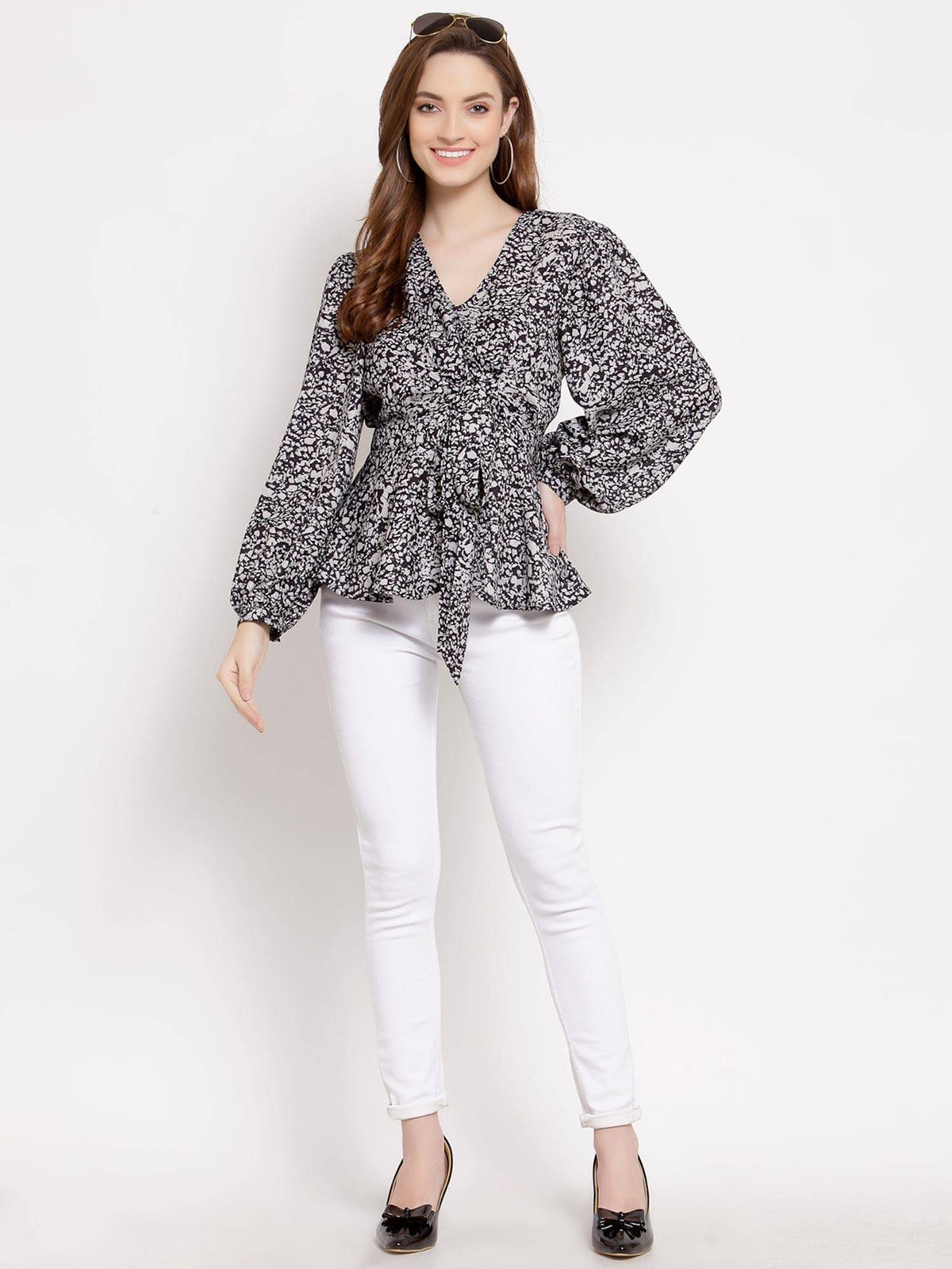 Black Printed Peplum Tie Up Top | pt51 - view 5