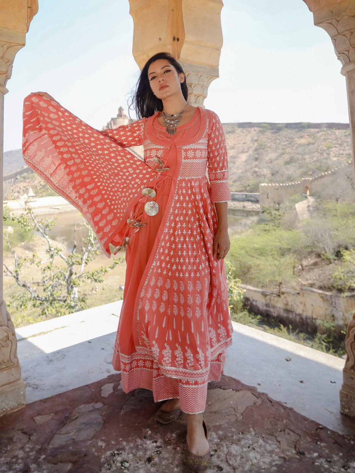 Coral Double Layered Cotton Kurta With Jacket (Set Of 2) | KDG - view 1