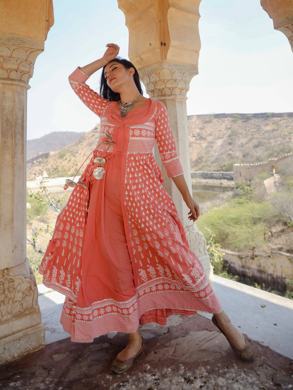 Coral Double Layered Cotton Kurta With Jacket (Set Of 2) | KDG - view 2