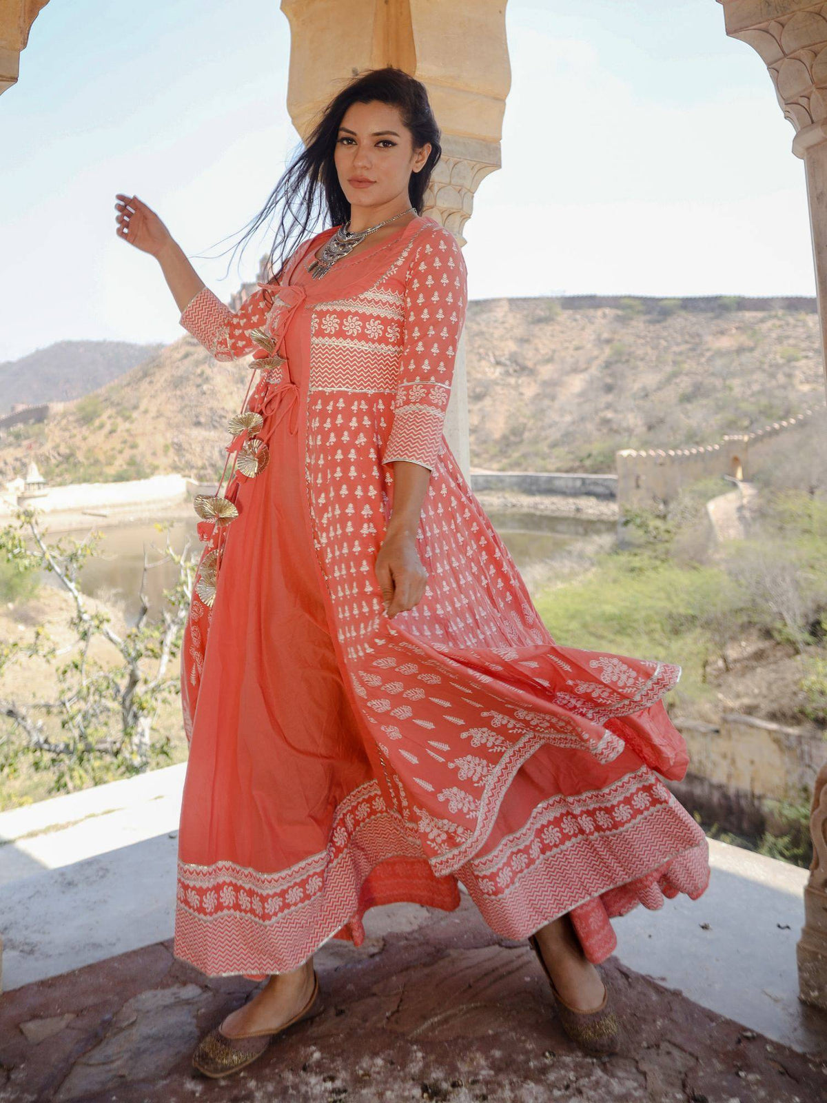 Coral Double Layered Cotton Kurta With Jacket (Set Of 2) | KDG - view 3
