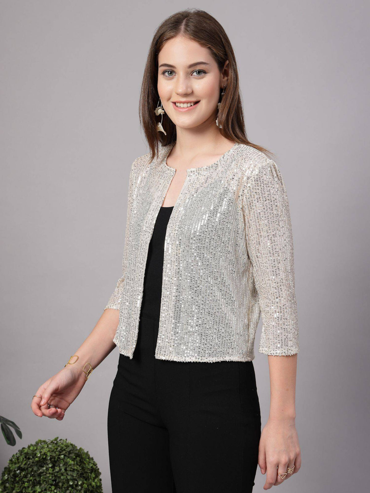 Women Silver Embellished Cropped Jacket | JC78 - view 4