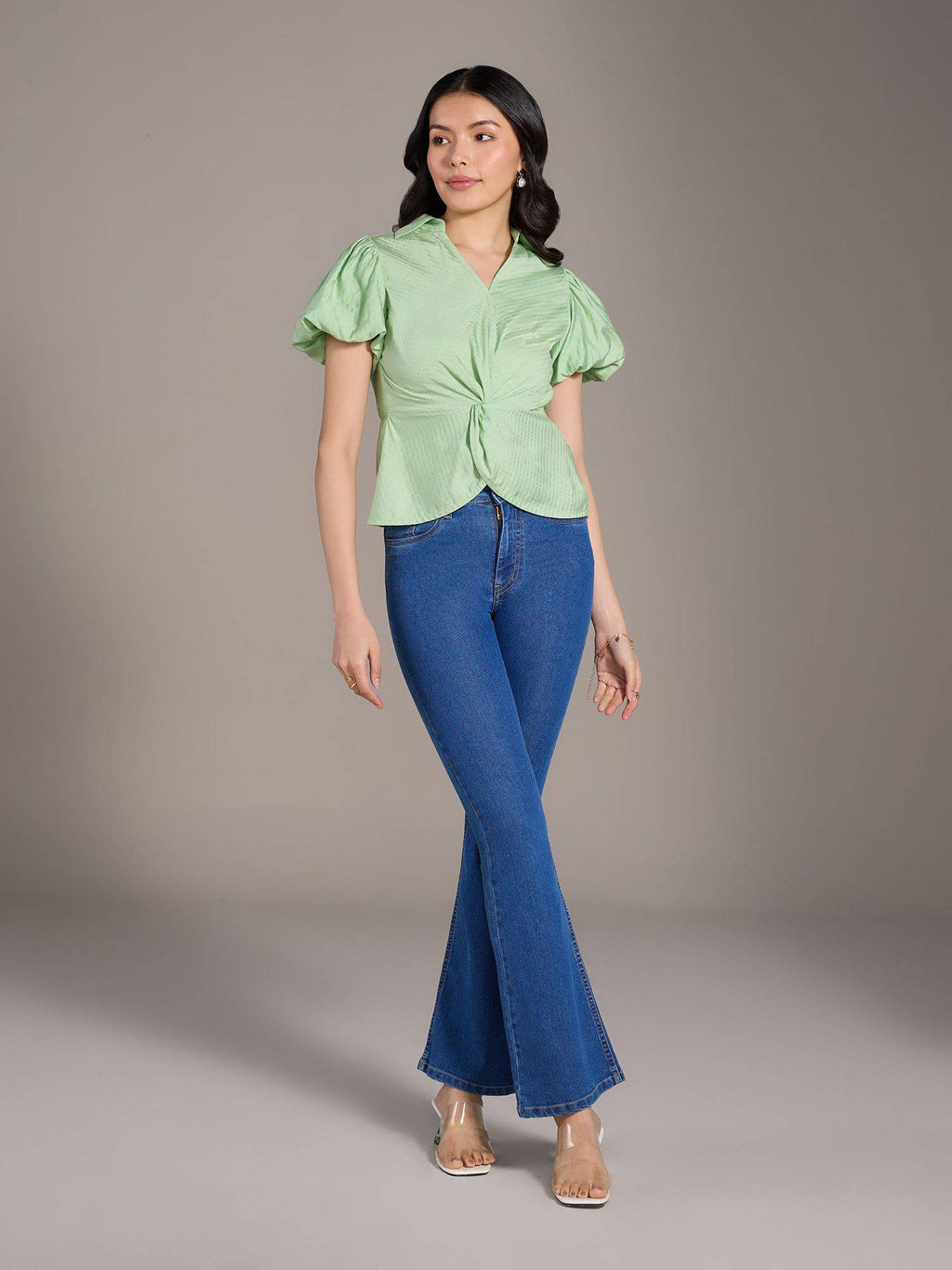Britney Blue Solid Mid Waist Bootcut Denims | BT10 - view 5