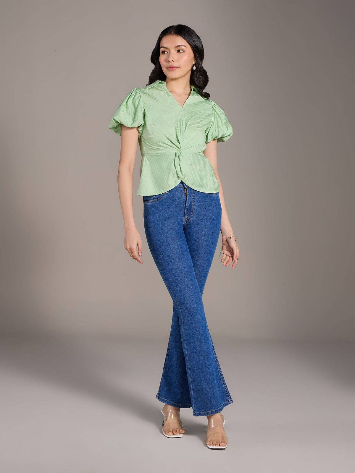 Britney Blue Solid Mid Waist Bootcut Denims | BT10 - view 5