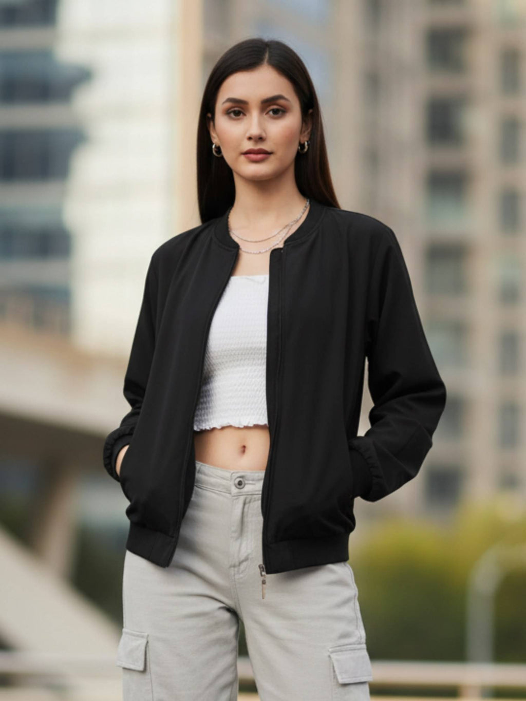 Black Mandarin Neck Solid Jacket | JC78 - view 1