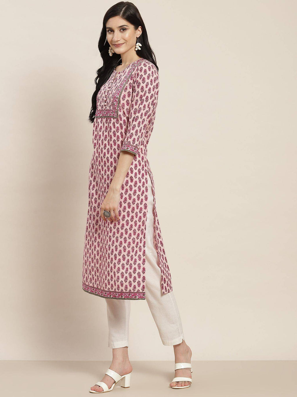 Women Lavender Ethnic Motifs Printed Sequin Work Pure Cotton Straight Kurta | FY93 - view 3