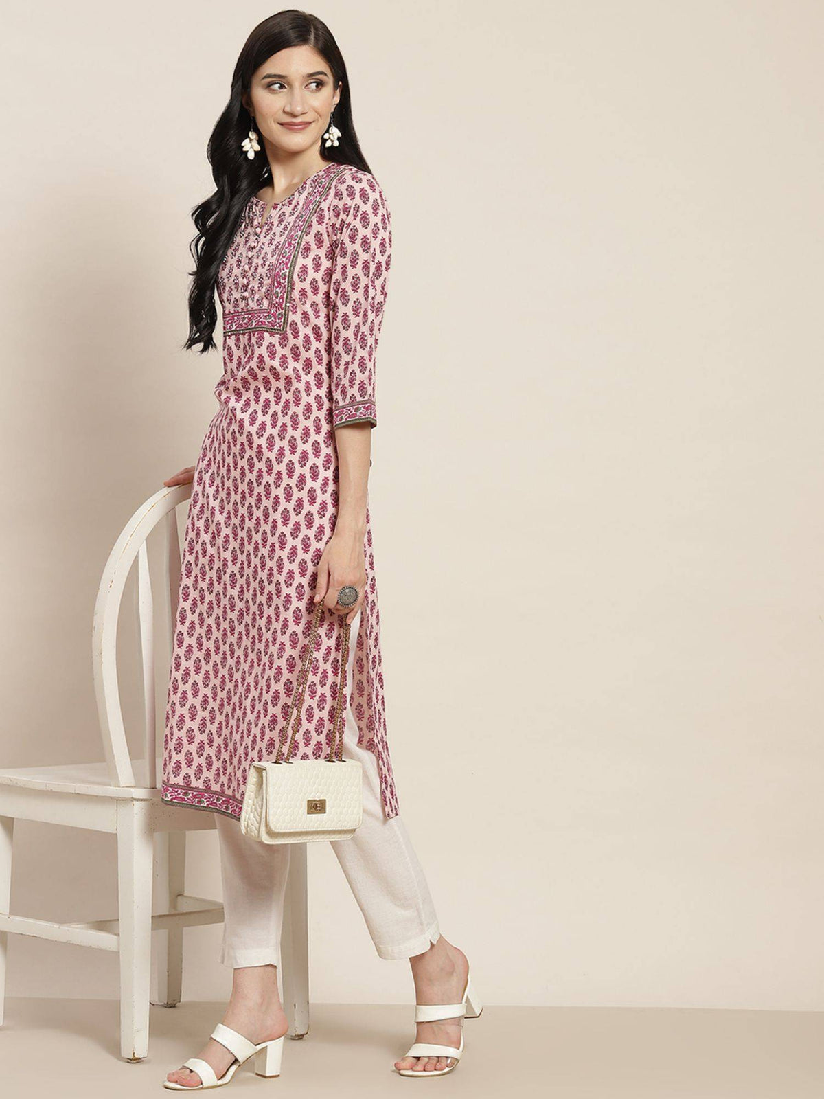Women Lavender Ethnic Motifs Printed Sequin Work Pure Cotton Straight Kurta | FY93 - view 5