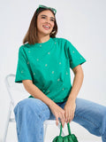 Women Green Oversized Embroidery Detail T-Shirt | TS56 - view 1