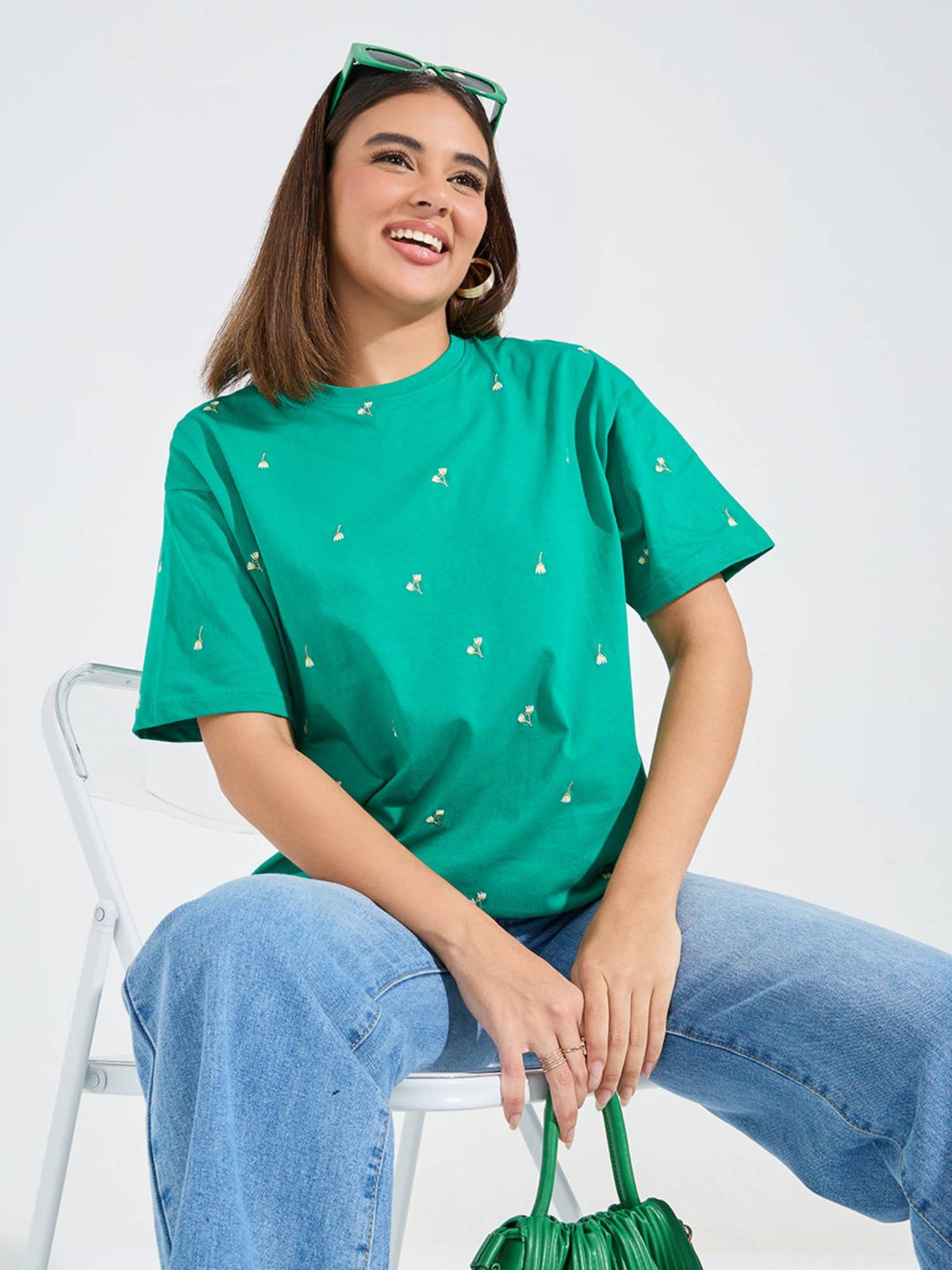 Women Green Oversized Embroidery Detail T-Shirt | TS56 - view 1