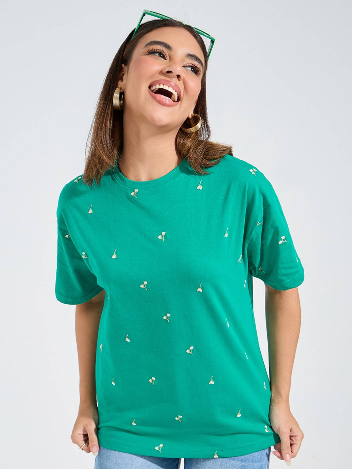 Women Green Oversized Embroidery Detail T-Shirt | TS56 - view 2