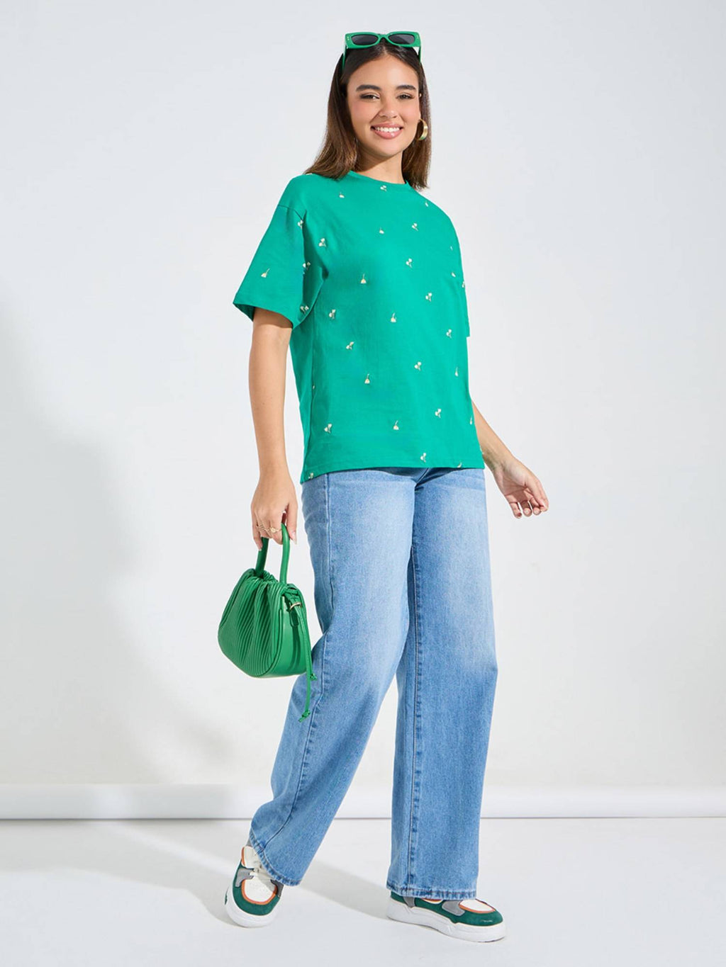 Women Green Oversized Embroidery Detail T-Shirt | TS56 - view 3