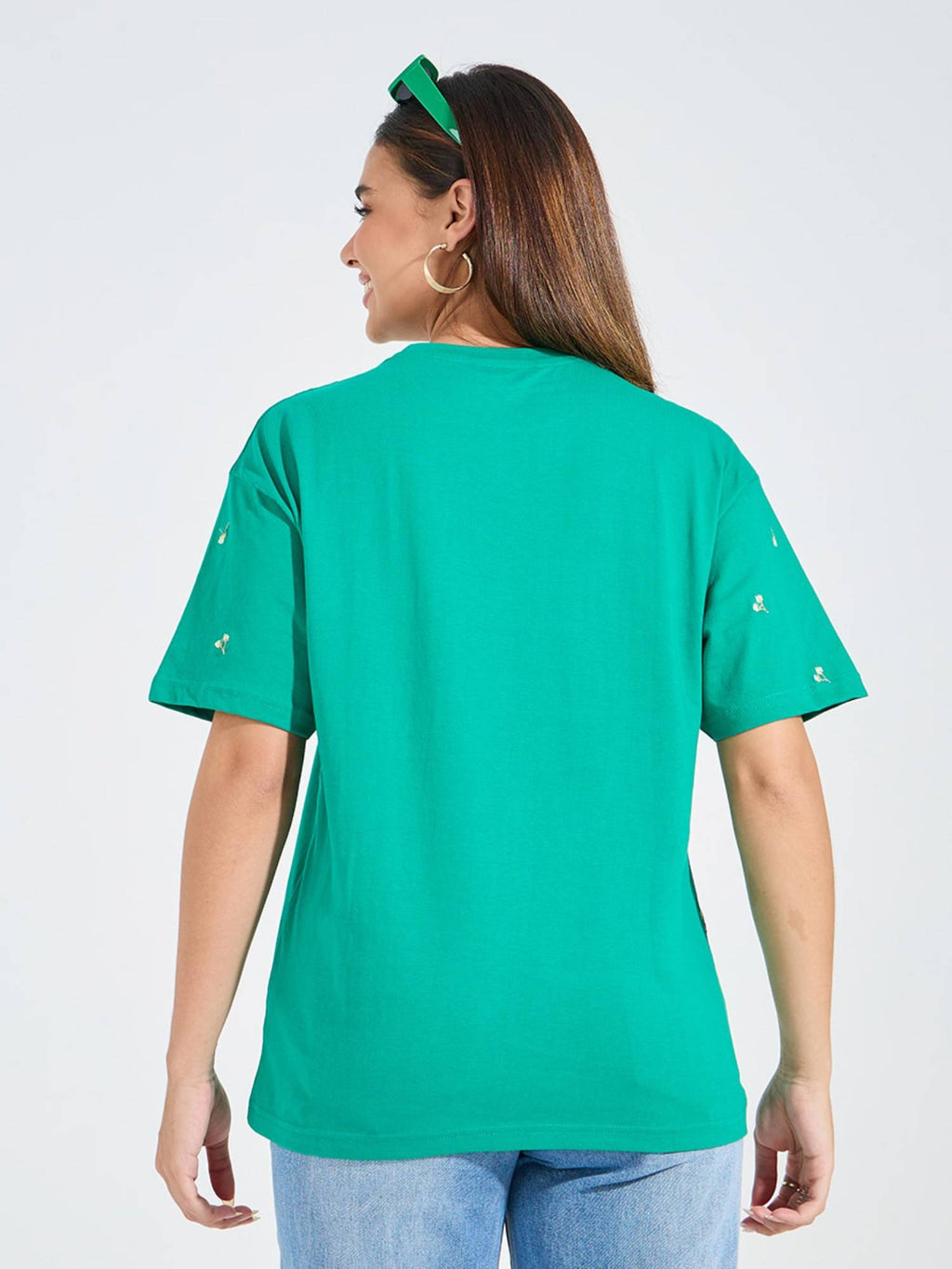 Women Green Oversized Embroidery Detail T-Shirt | TS56 - view 5