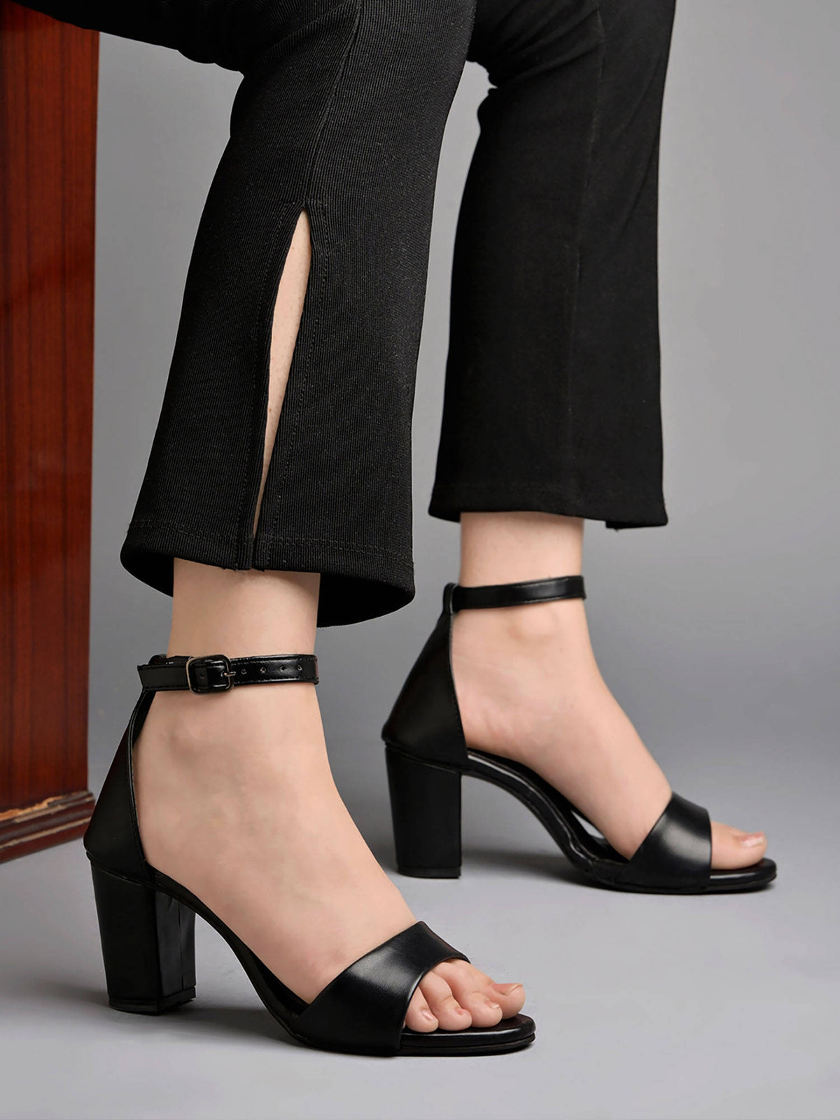 Stylish Ankle Strap Black Block Heeled Sandals for Women & Girls | H78 - view 1