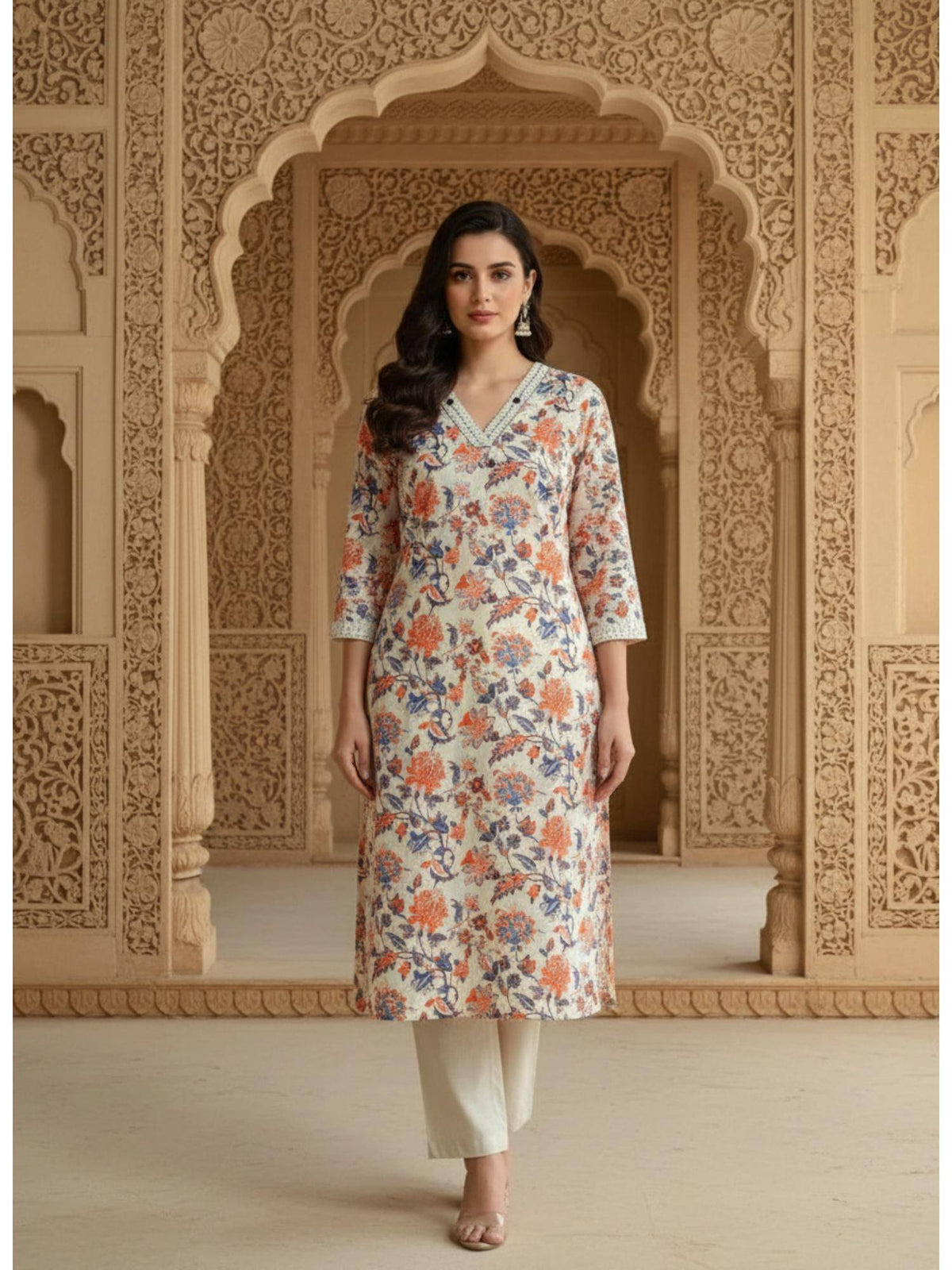 Womens Peach Cotton Flex Floral Printed Kurta | KDG - view 1
