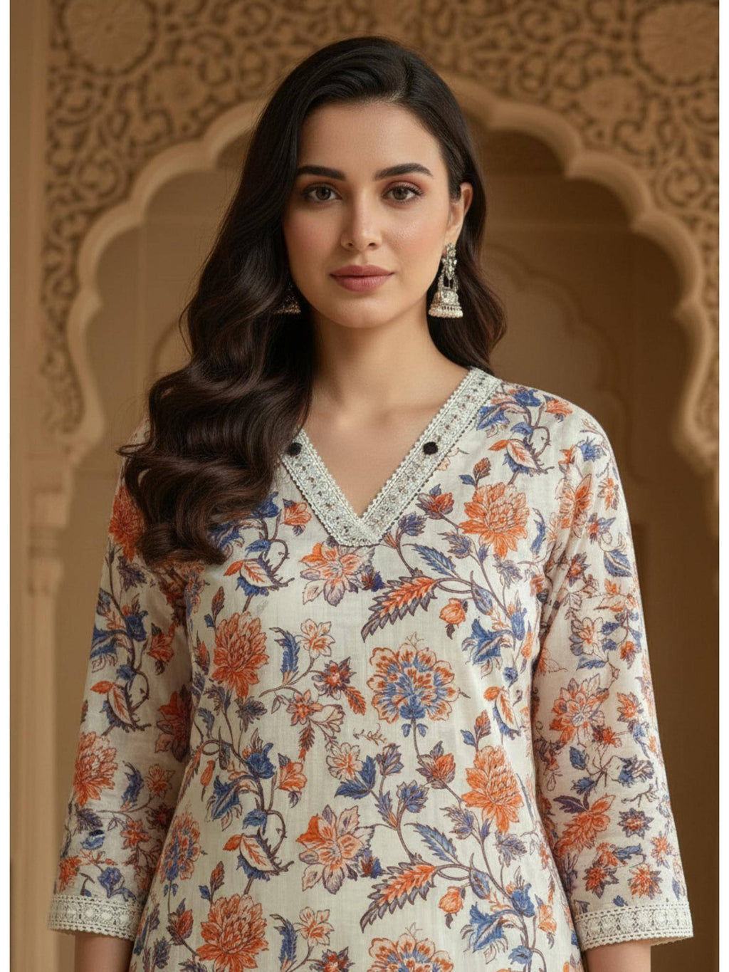 Womens Peach Cotton Flex Floral Printed Kurta | KDG - view 2