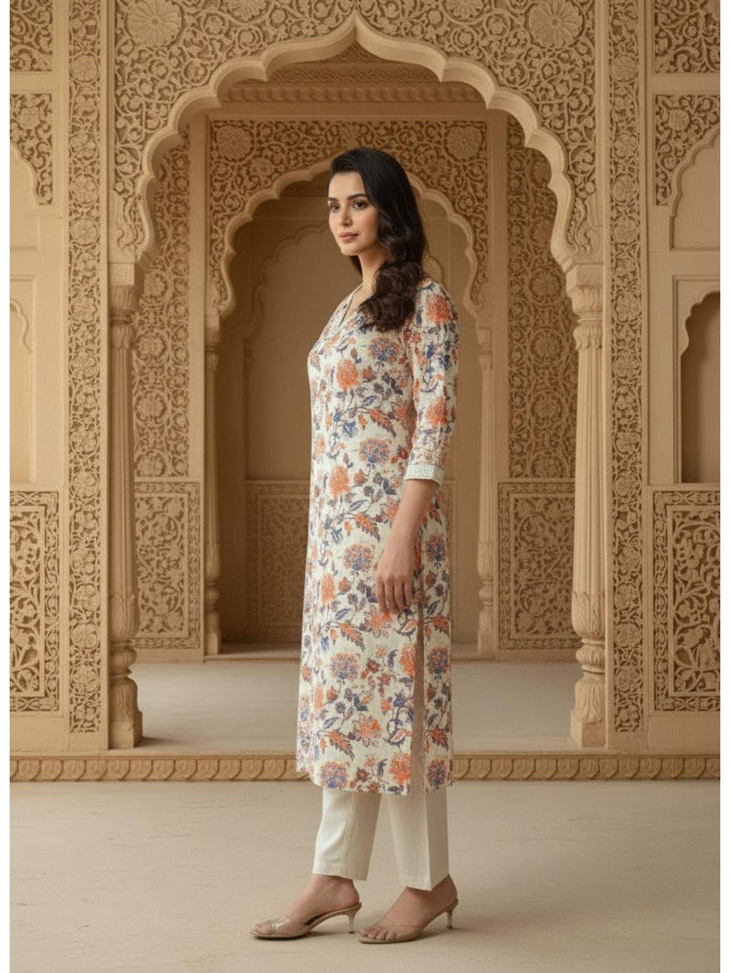 Womens Peach Cotton Flex Floral Printed Kurta | KDG - view 4