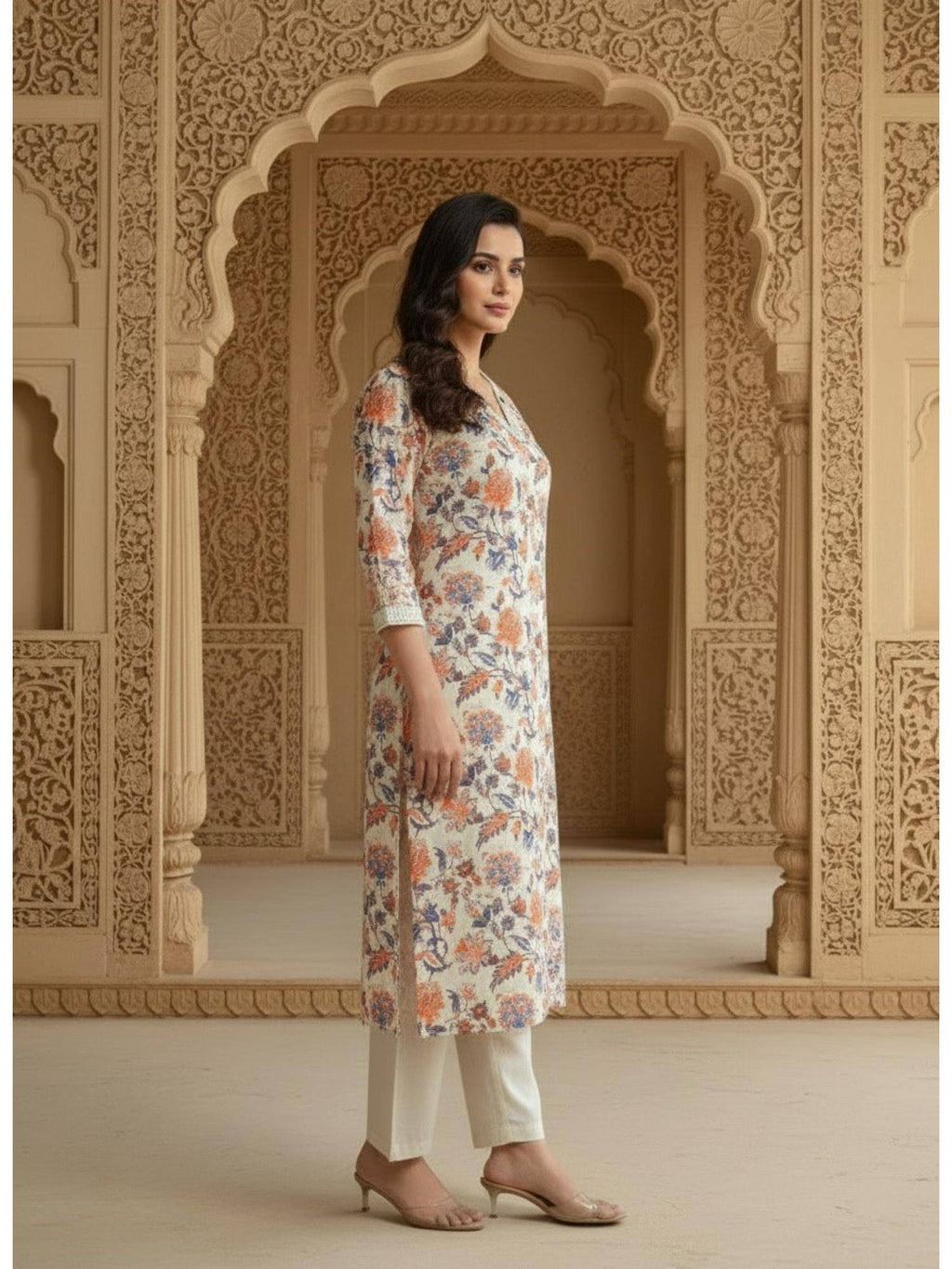 Womens Peach Cotton Flex Floral Printed Kurta | KDG - view 5