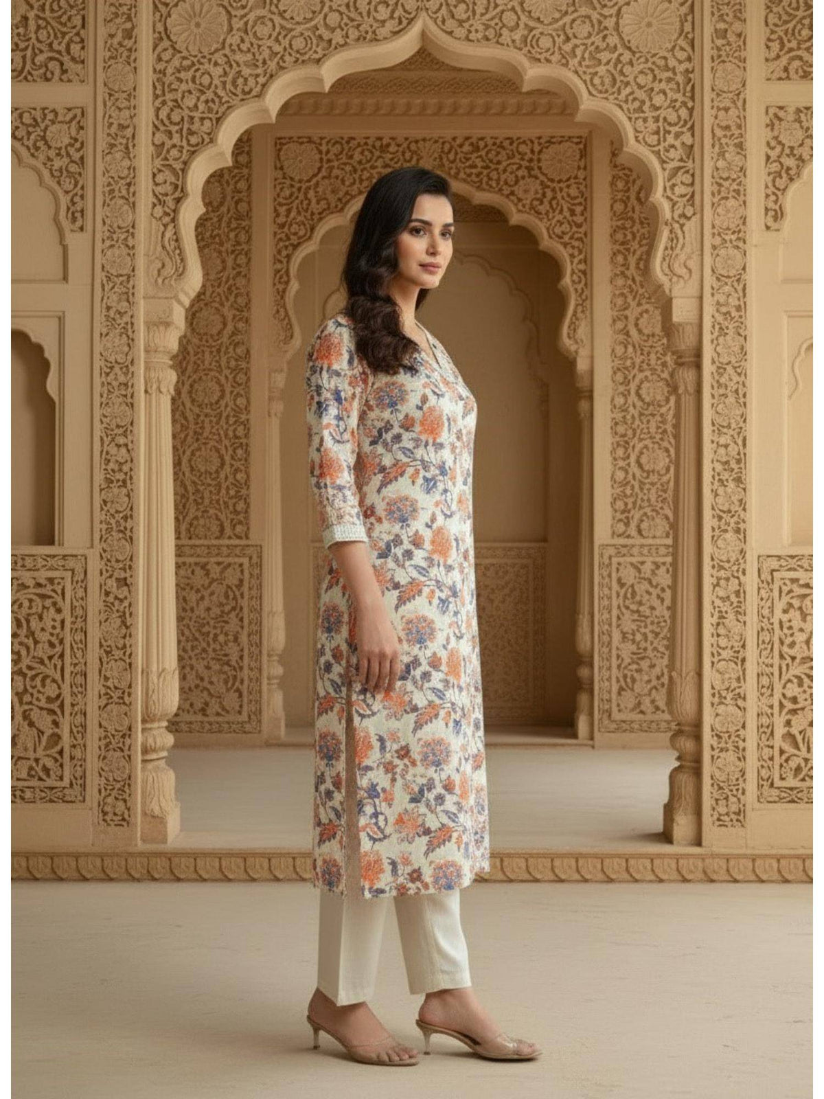 Womens Peach Cotton Flex Floral Printed Kurta | KDG - view 5