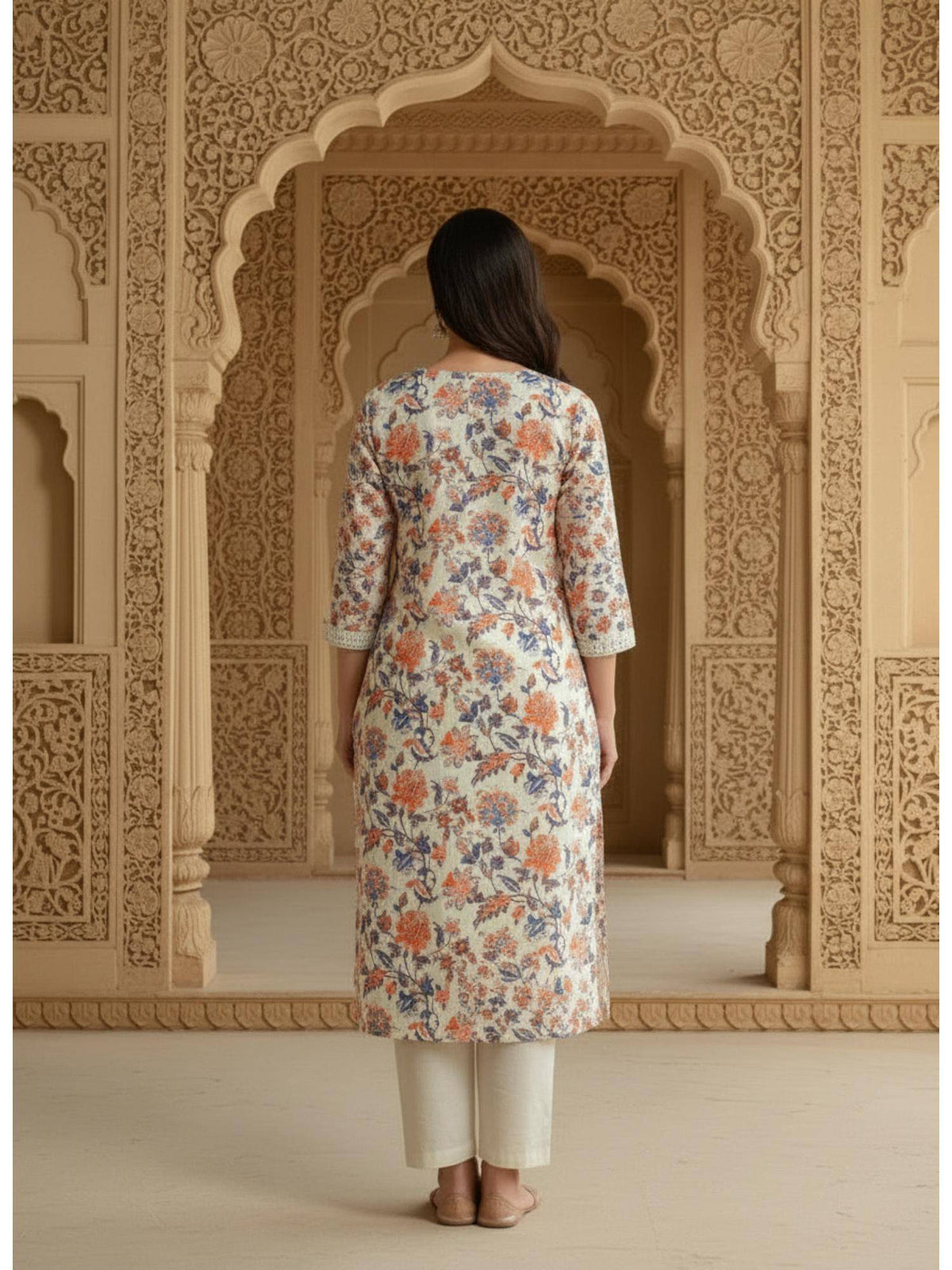 Womens Peach Cotton Flex Floral Printed Kurta | KDG - view 6