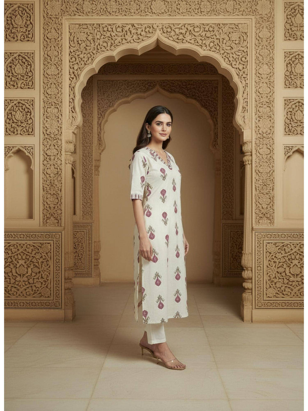 Womens White Cotton Flex Floral Printed Kurta | U3S - view 3