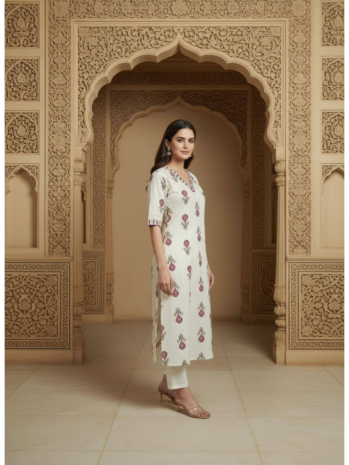 Womens White Cotton Flex Floral Printed Kurta | U3S - view 3