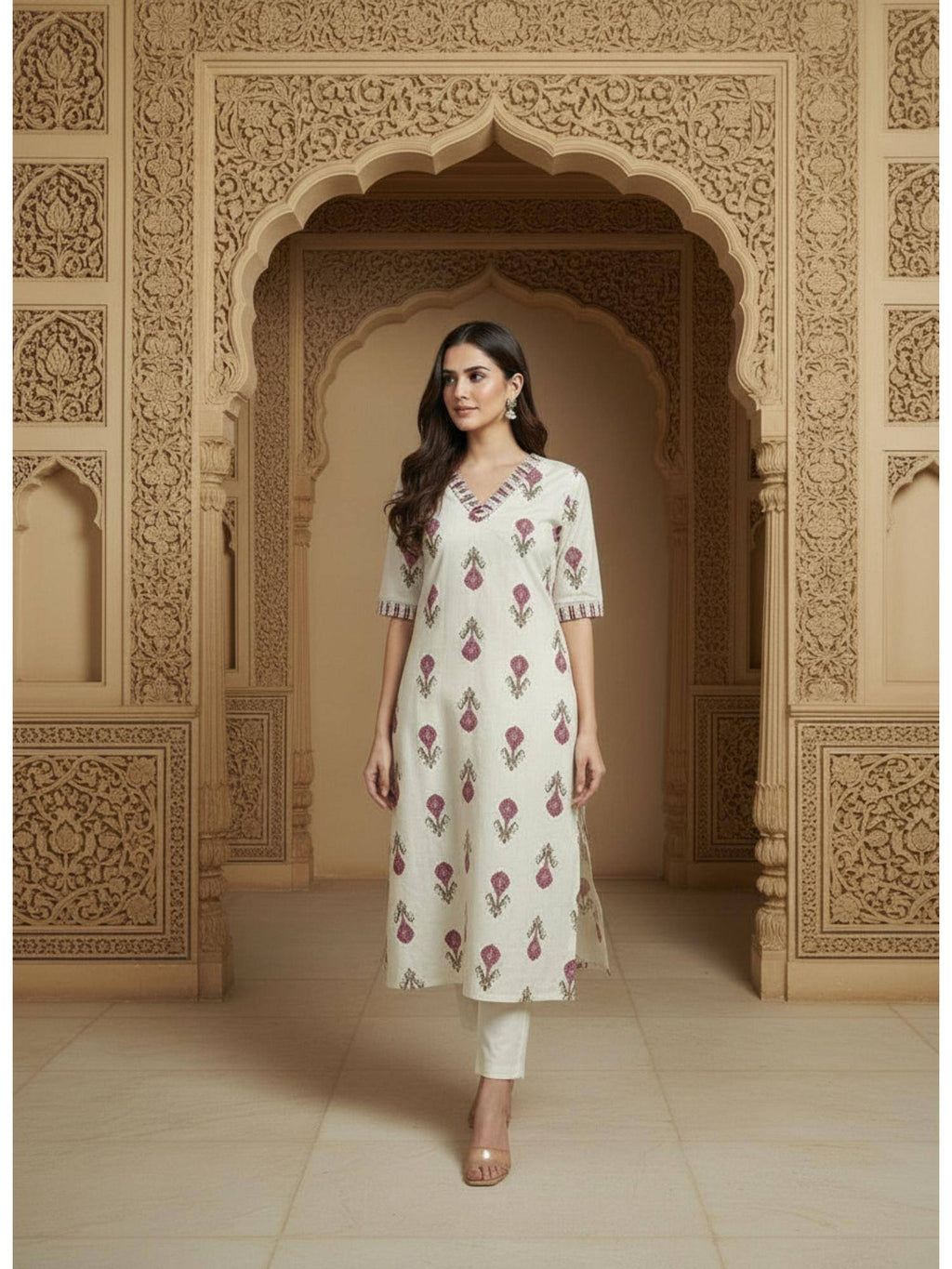 Womens White Cotton Flex Floral Printed Kurta | U3S - view 4