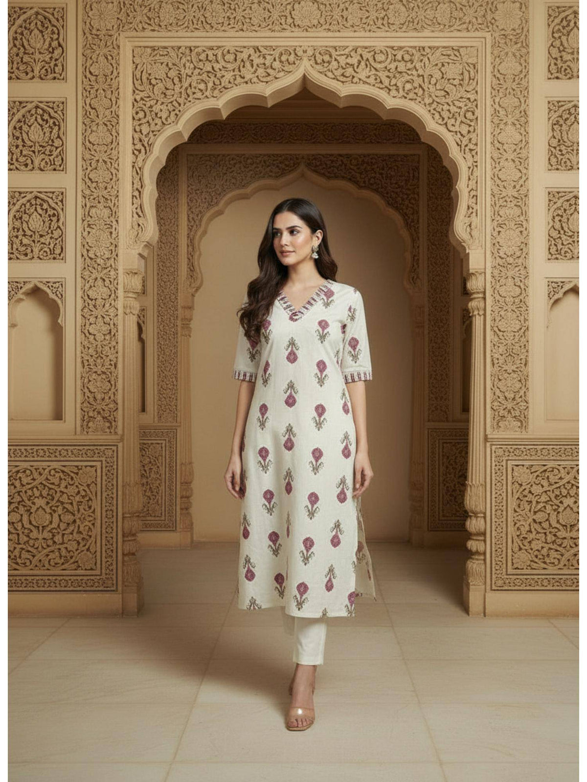 Womens White Cotton Flex Floral Printed Kurta | U3S - view 4