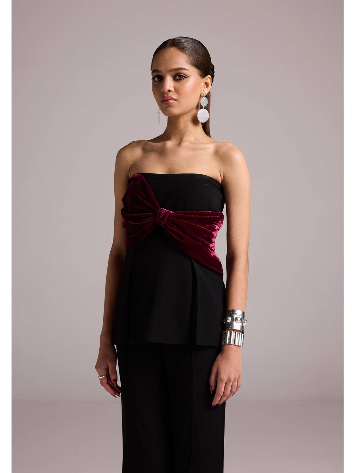 Womens Sienna Bow Black Peplum Top | pt51 - view 2