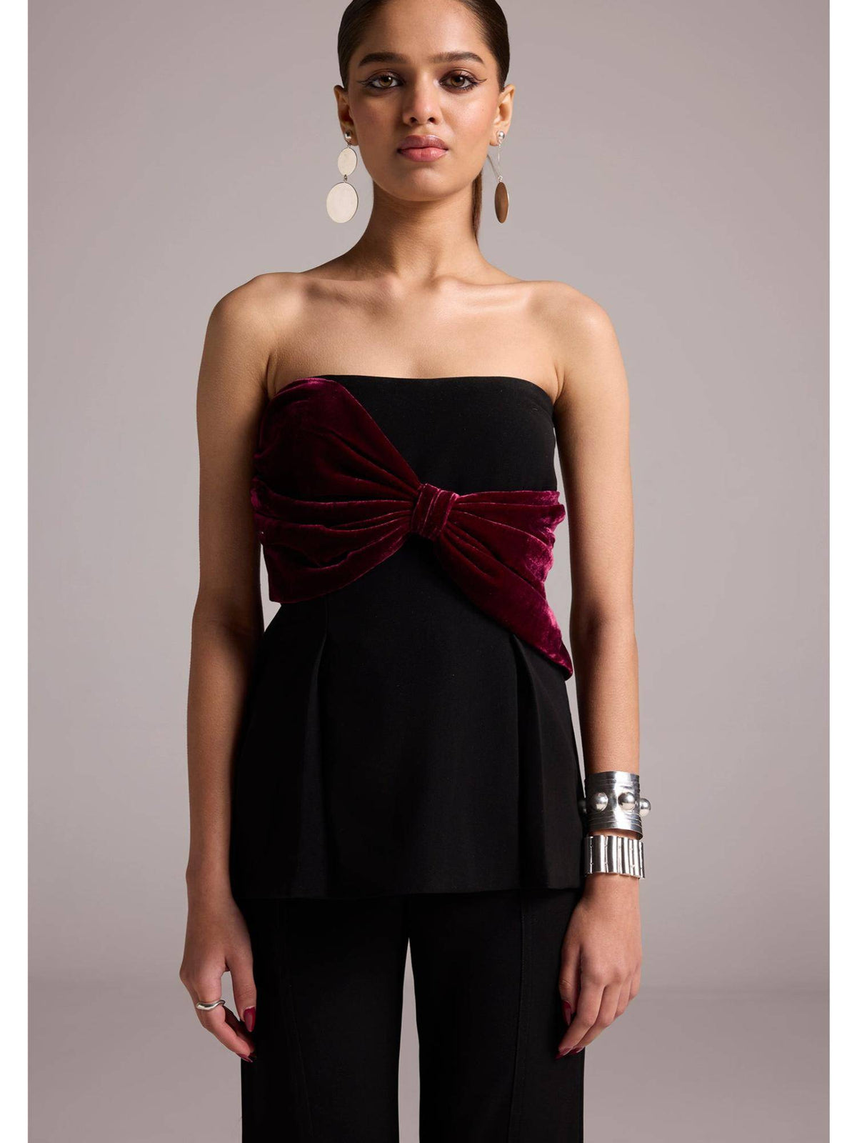 Womens Sienna Bow Black Peplum Top | pt51 - view 3
