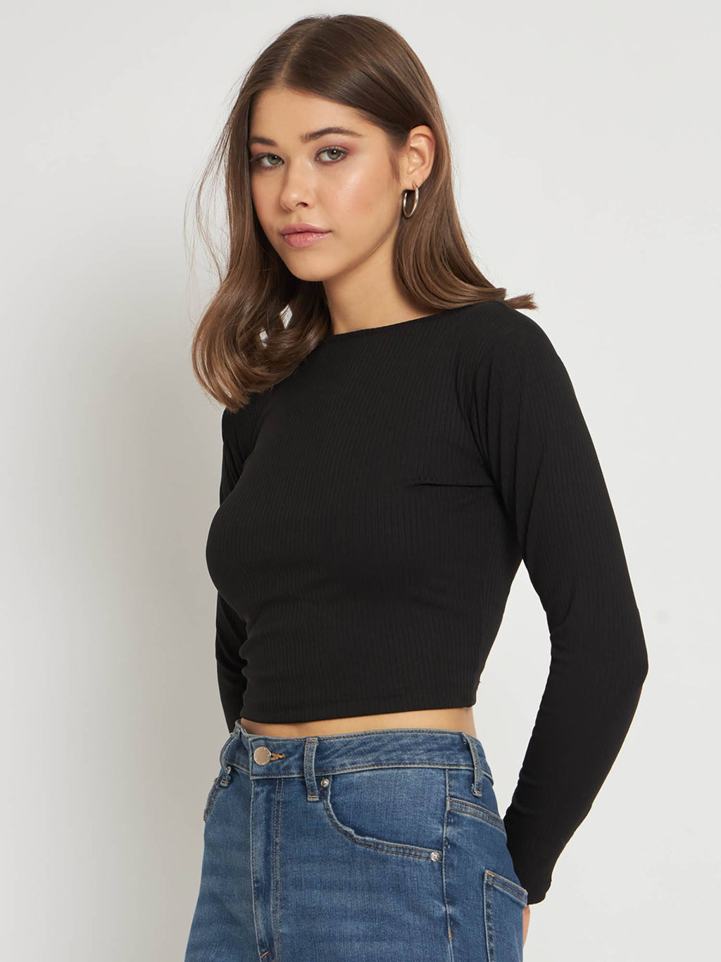 Women Black Solid Ribbed Crop Top | CT61 - view 2