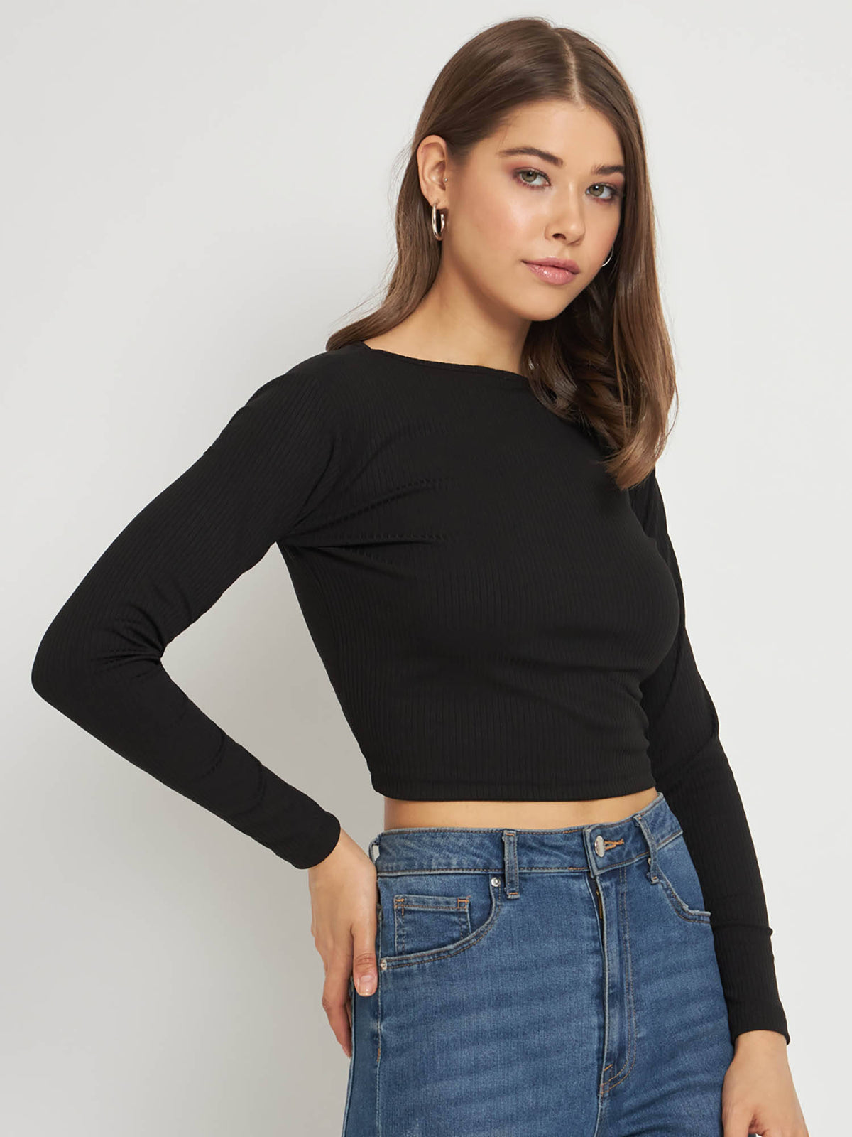 Women Black Solid Ribbed Crop Top | CT61 - view 3