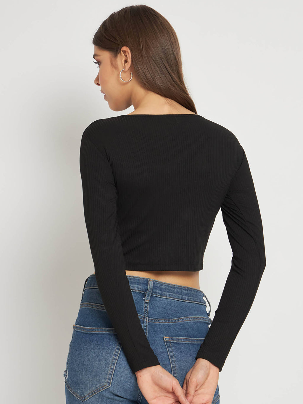 Women Black Solid Ribbed Crop Top | CT61 - view 6
