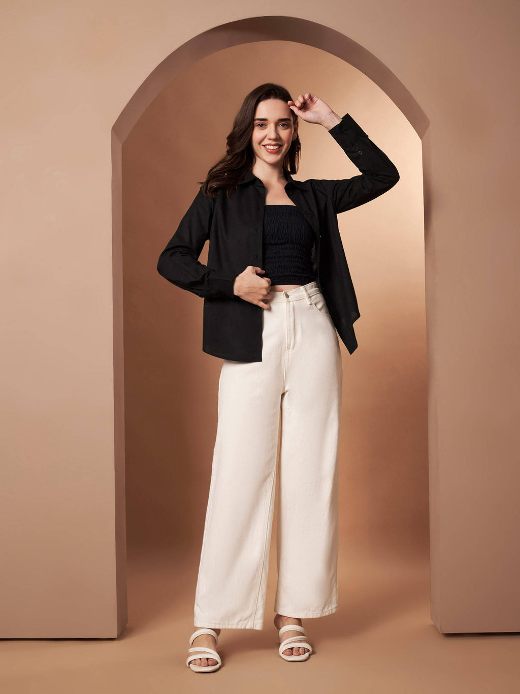 Female Black Solid Cotton Shirt | S67 - view 3