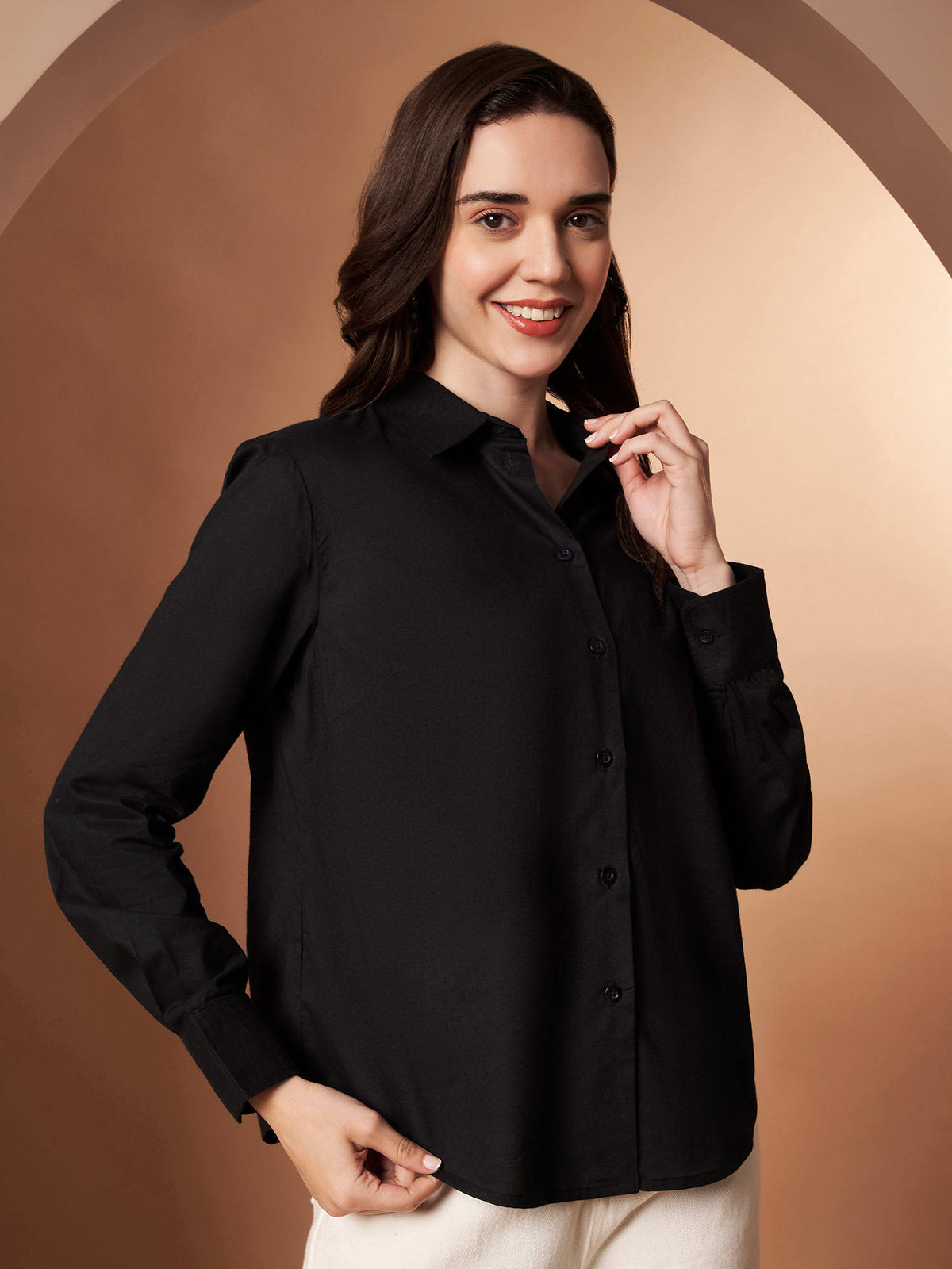 Female Black Solid Cotton Shirt | S67 - view 5