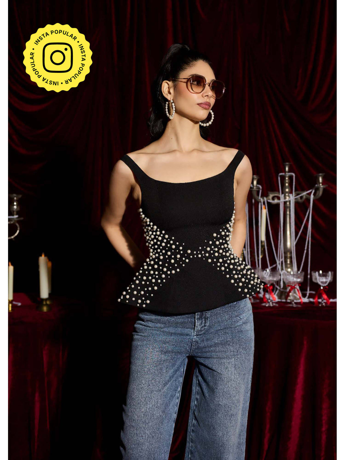 Starlit Black Pearl Embroidered Peplum Top | pt51 - view 1