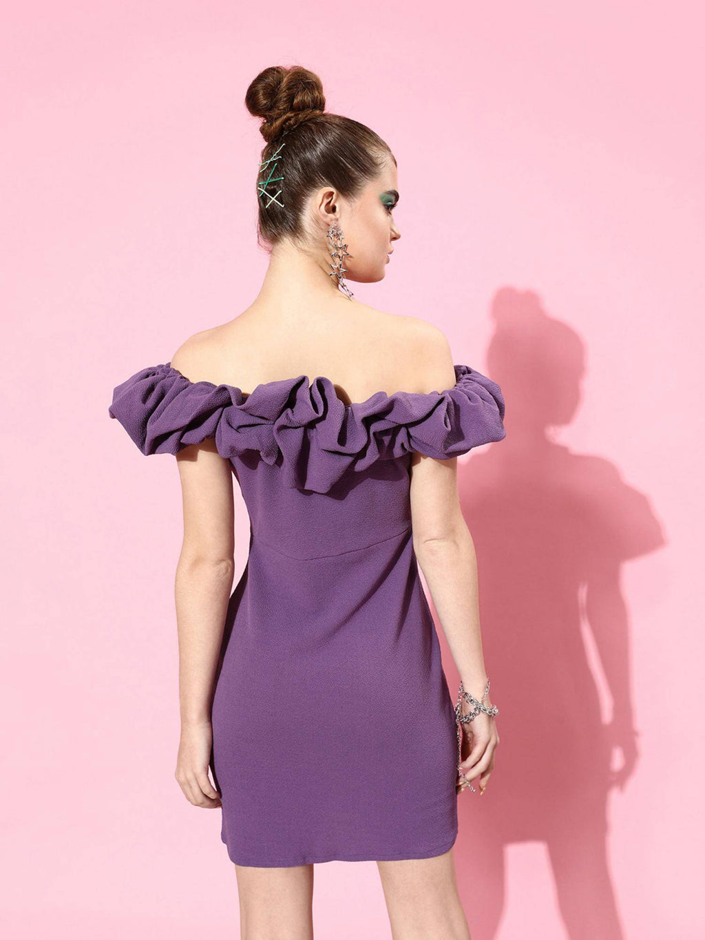 Maroon Off-Shoulder Solid Scrunchie Sheath Dress | D56 - view 11