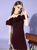 Maroon Off-Shoulder Solid Scrunchie Sheath Dress | D56 - view 13