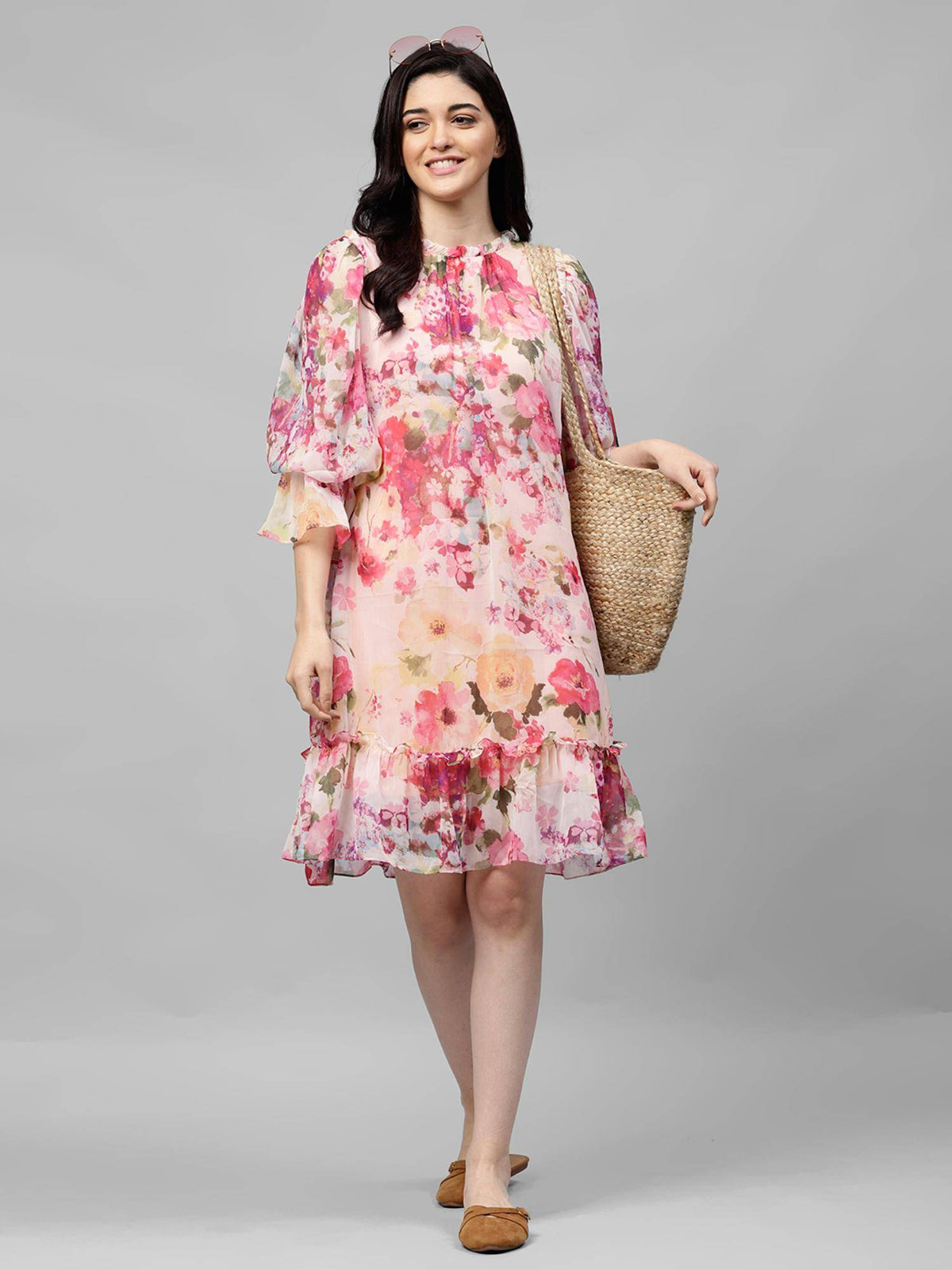 Women Pink Floral Printed A Line Midi Dress | D56 - view 1