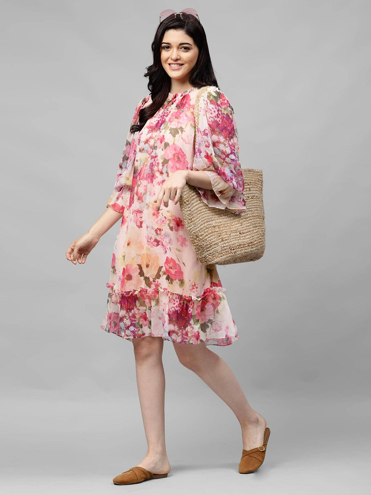 Women Pink Floral Printed A Line Midi Dress | D56 - view 2