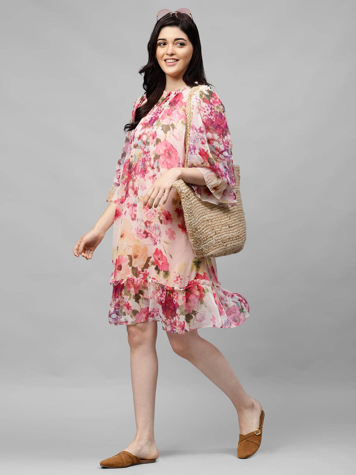 Women Pink Floral Printed A Line Midi Dress | D56 - view 3